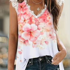 Floral Print Lace Trim V Neck Tank Top