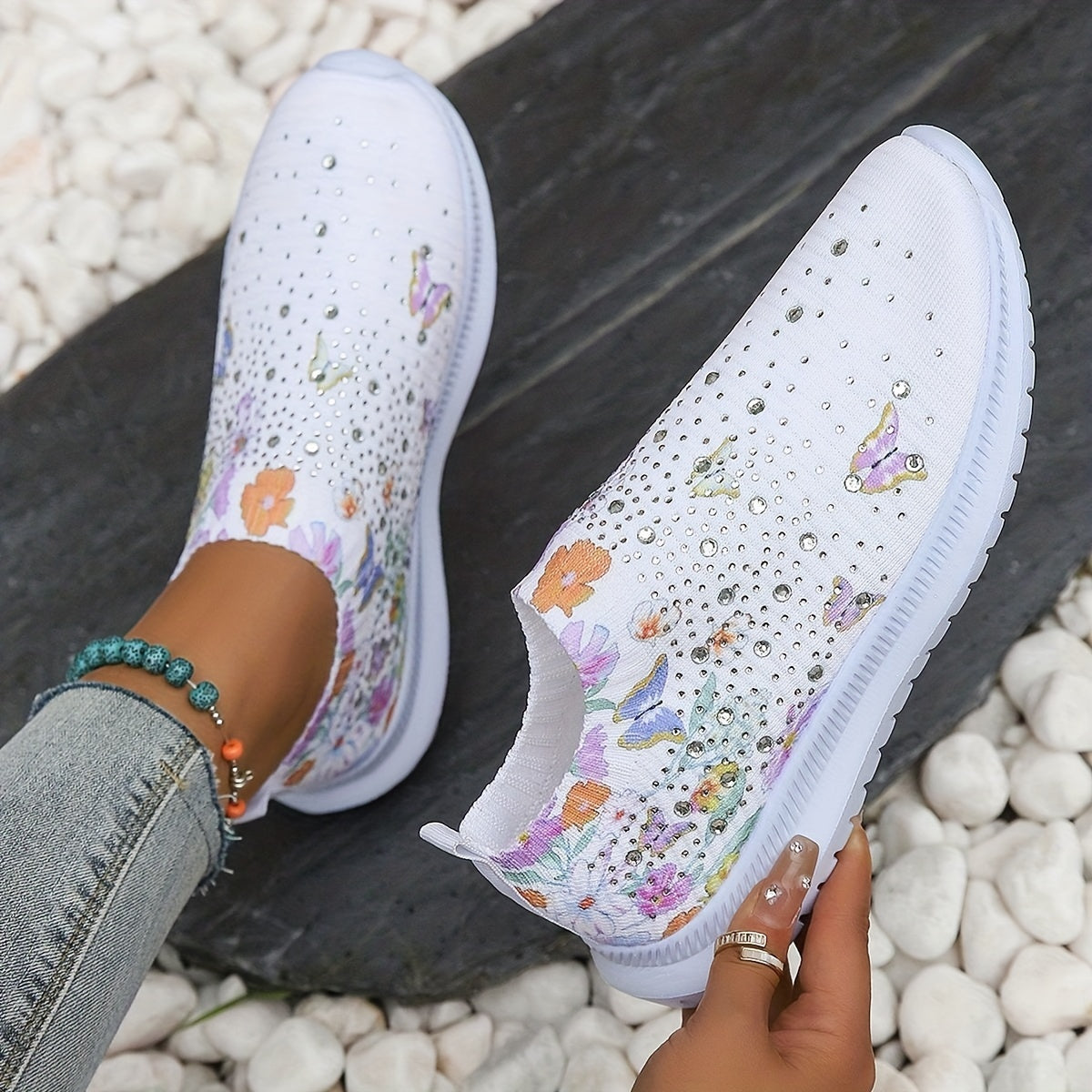 Women's Rhinestone Decor Sock Shoes Butterfly & Floral Print Slip On Shoes