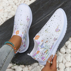 Women's Rhinestone Decor Sock Shoes Butterfly & Floral Print Slip On Shoes