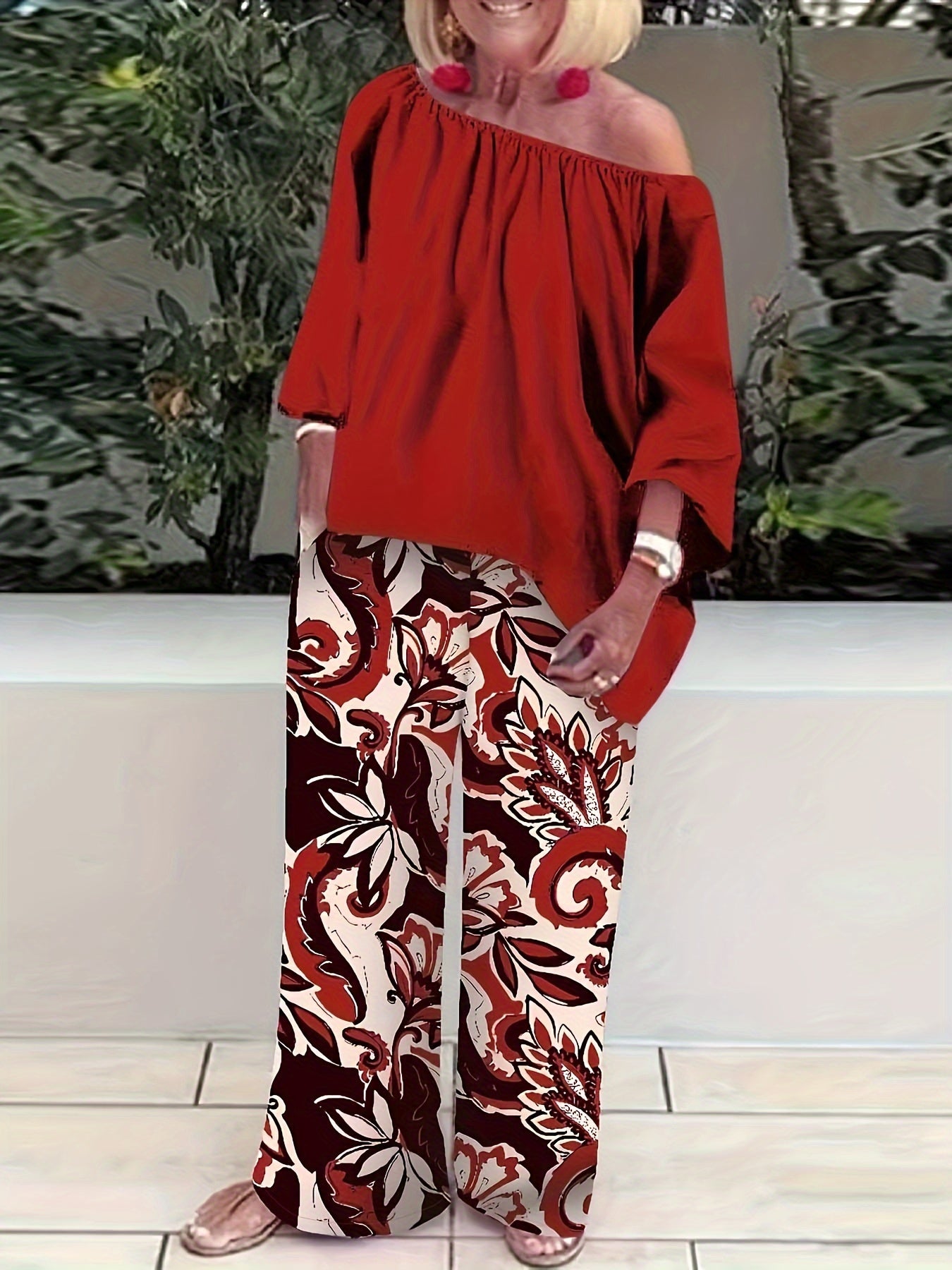 Solid One Shoulder Top & Paisley Print Pants 2 Piece Set