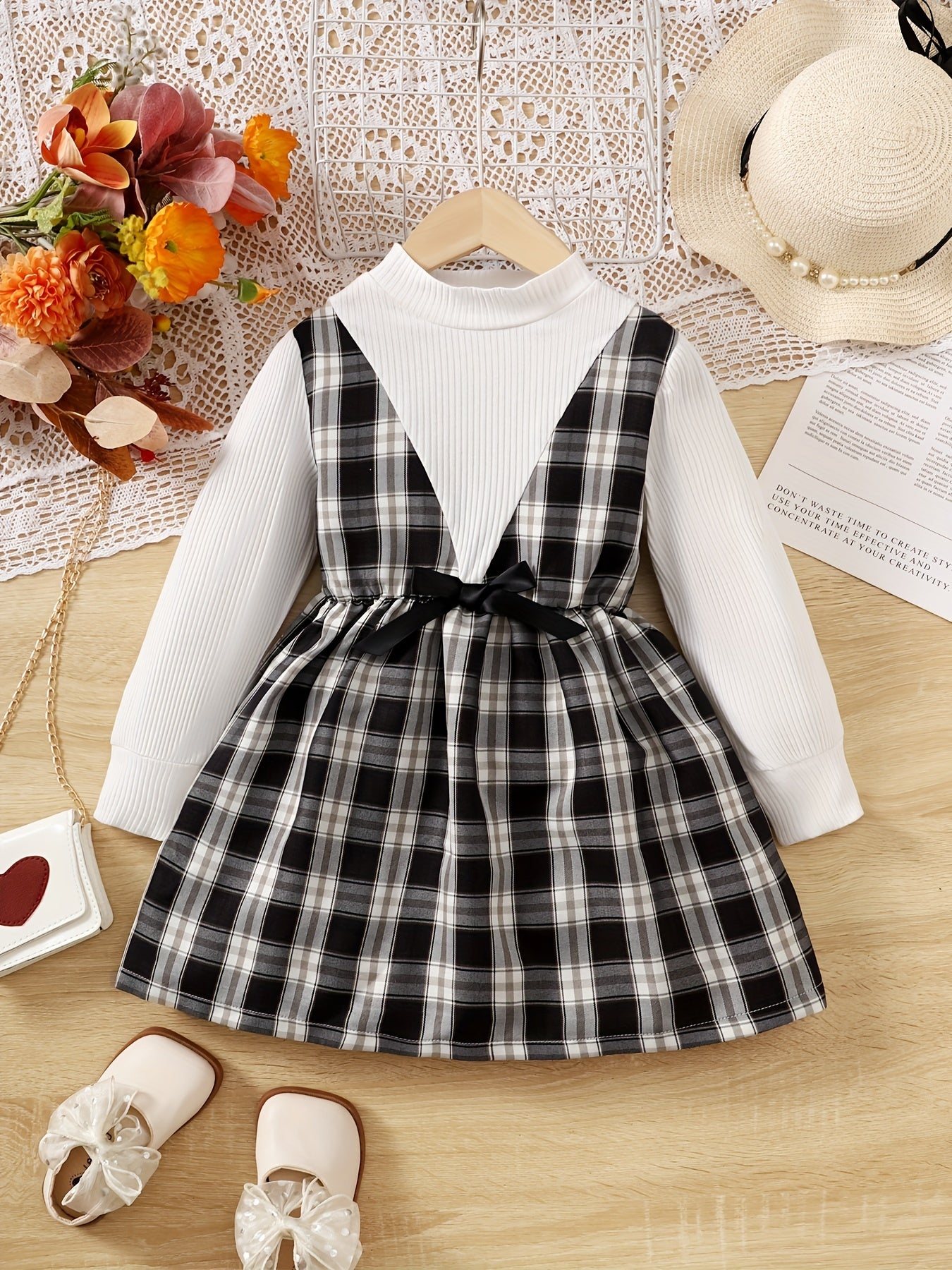 Toddler Girls Plaid Casual Dress Set with Bow