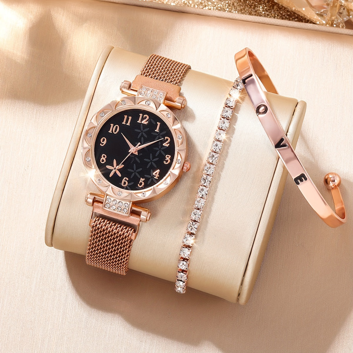 Kids Flower Rhinestone Watch & Heart Jewelry Set