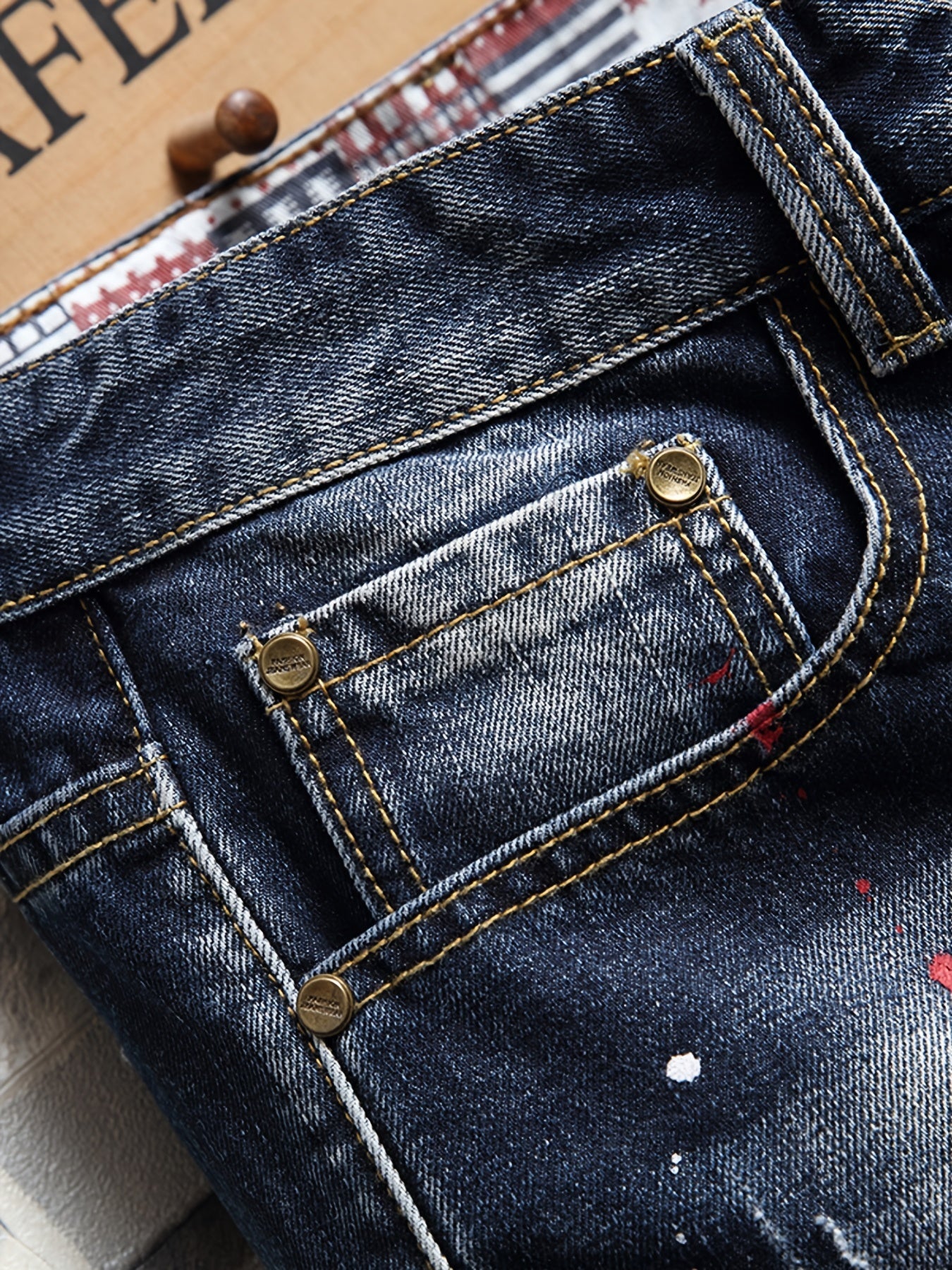 Men's Ripped Splash Print Denim Jeans Vintage Royal Straight Fit Shorts