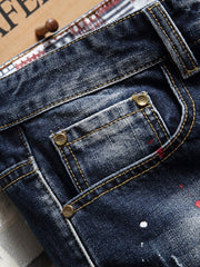 Men's Ripped Splash Print Denim Jeans Vintage Royal Straight Fit Shorts