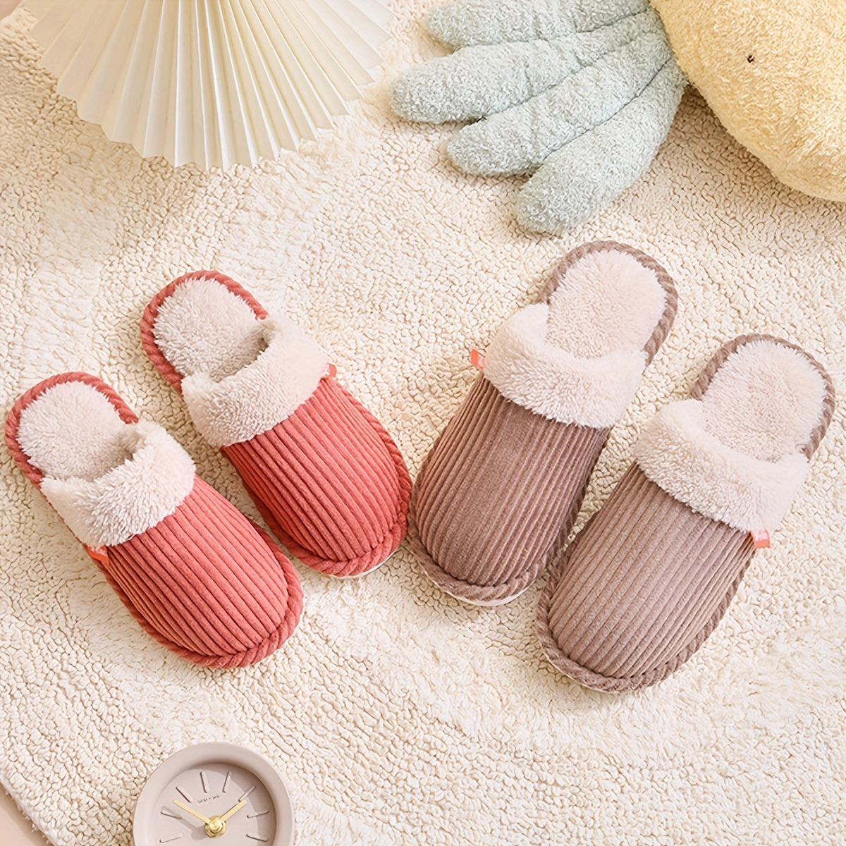 Women's Corduroy Plush Slippers Warm Closed Toe Fuzzy Indoor Shoes