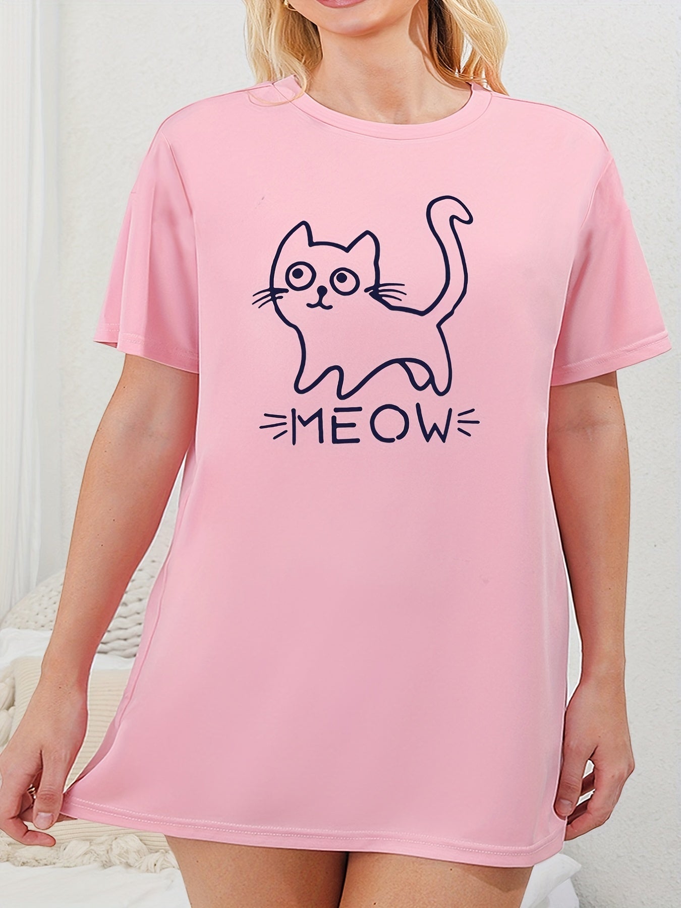 Cat & Letter Print Tee Sleep Dress