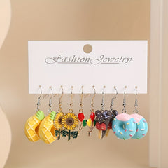 5 Pairs Cartoon Flower Donut Dangling Earrings Set For Kids