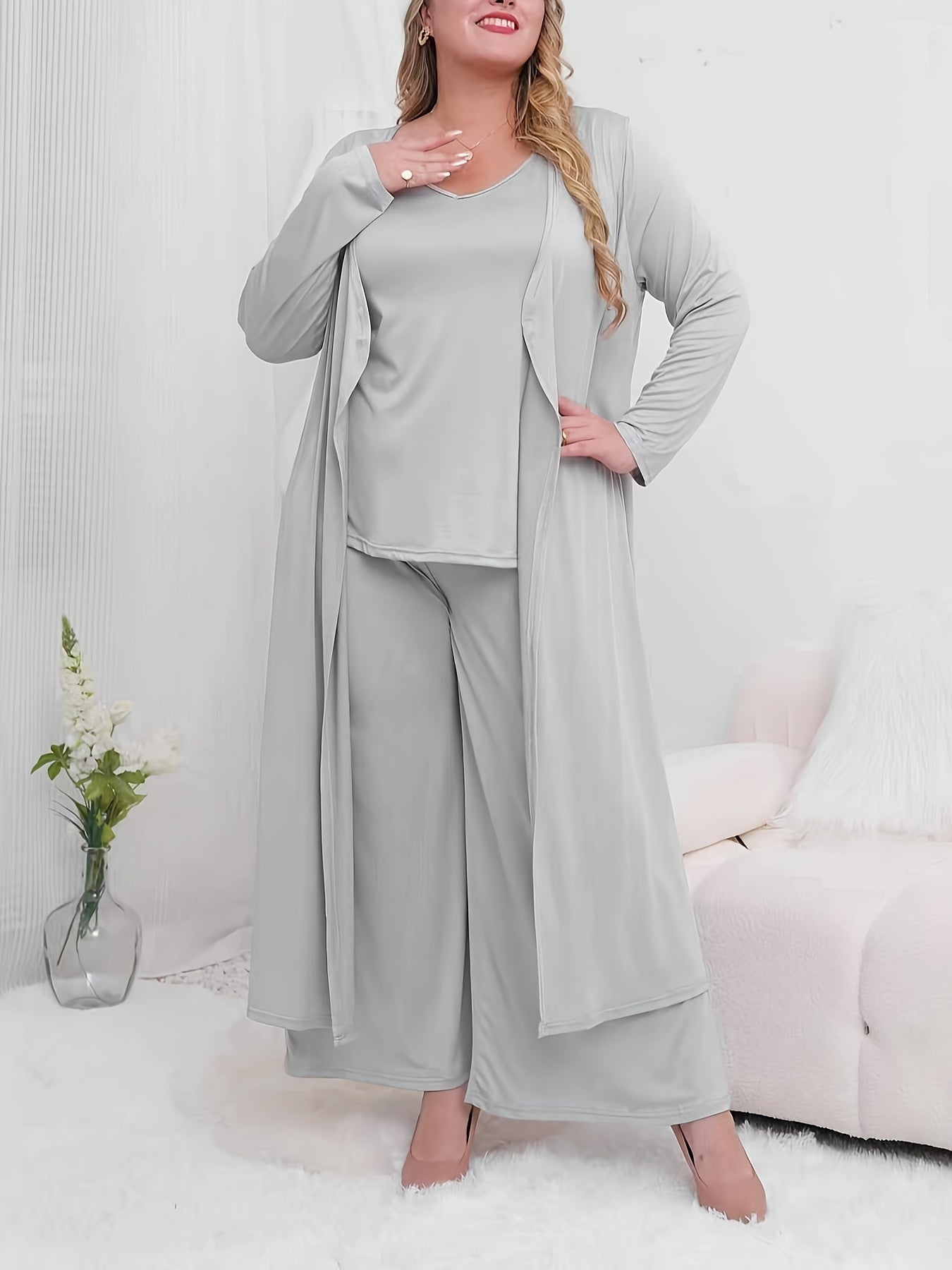 3 Piece Solid Long Sleeve Cardigan & V Neck Top & Wide Leg Pants Set