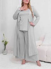 3 Piece Solid Long Sleeve Cardigan & V Neck Top & Wide Leg Pants Set