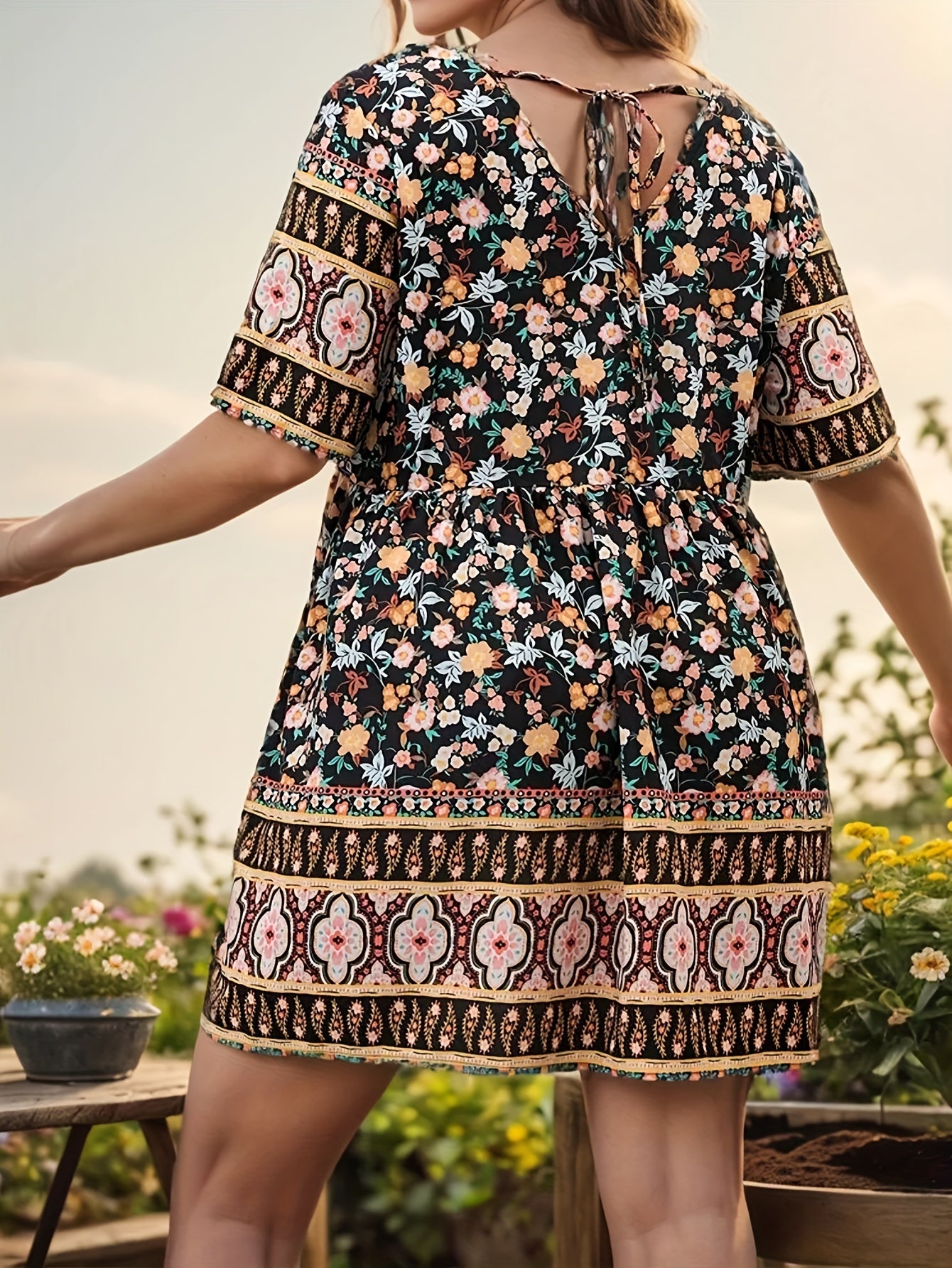 Boho Dress Women's Plus Ditsy Floral Print Short Sle...
