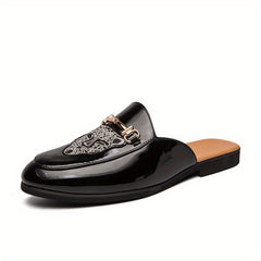 Leopard Embroidered Flat Mules with Metal Buckle, Anti-skid Slides Shoes