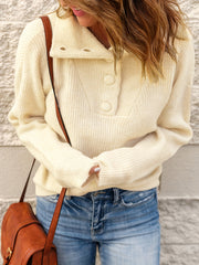 Ribbed Knit Sweater Long Sleeve Button Up Pullover Jumper