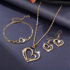 Heart Pendant Jewelry Set Rhinestone Decor Necklace Bracelet Earrings