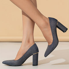 Metallic Block Heels Point Toe Dress Pumps Slip On Heels