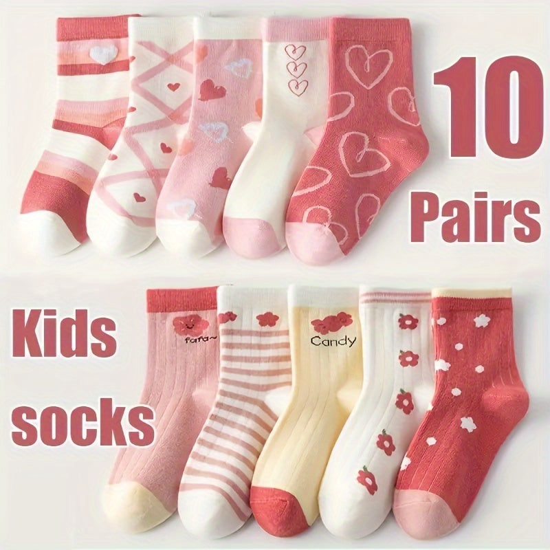 10 Pairs Girl's Heart Knit Socks, Cute Crew Cotton Blend