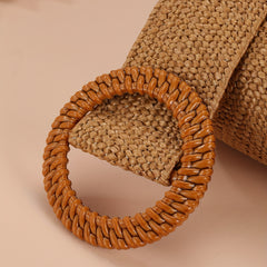 Khaki Elastic Straw Belt Round Wooden Buckle Wide Waistband for Women