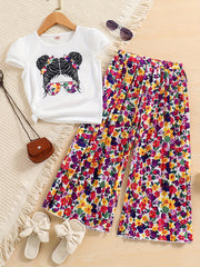 Girls Cartoon Portrait Print T-shirt & Polka Dot Pants Set for Summer