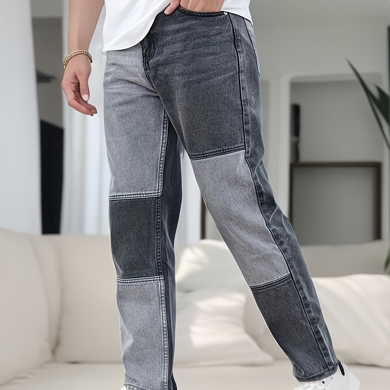 Men's Slim Patchwork Denim Pants for Spring