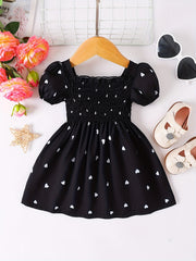 Newborn Princess Party Dress Sweet Heart Print Puff Sleeves Square Neck