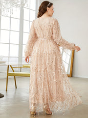 Sequin Fringe Lantern Sleeve Maxi Dress