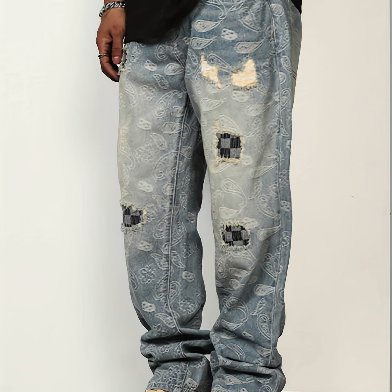 Men's Paisley Patchwork Jeans Loose Fit Casual Street Style