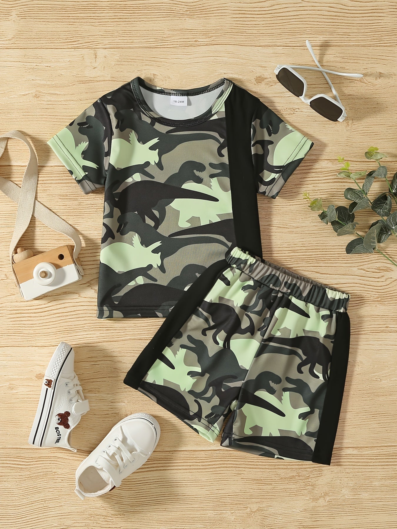 Boys Camo Dino Outfit Shorts & T shirt Crew Neck Casual Summer Clothes