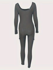 Long Sleeves Knitted Yoga Jumpsuit Round Neck Slimming Bodysuit