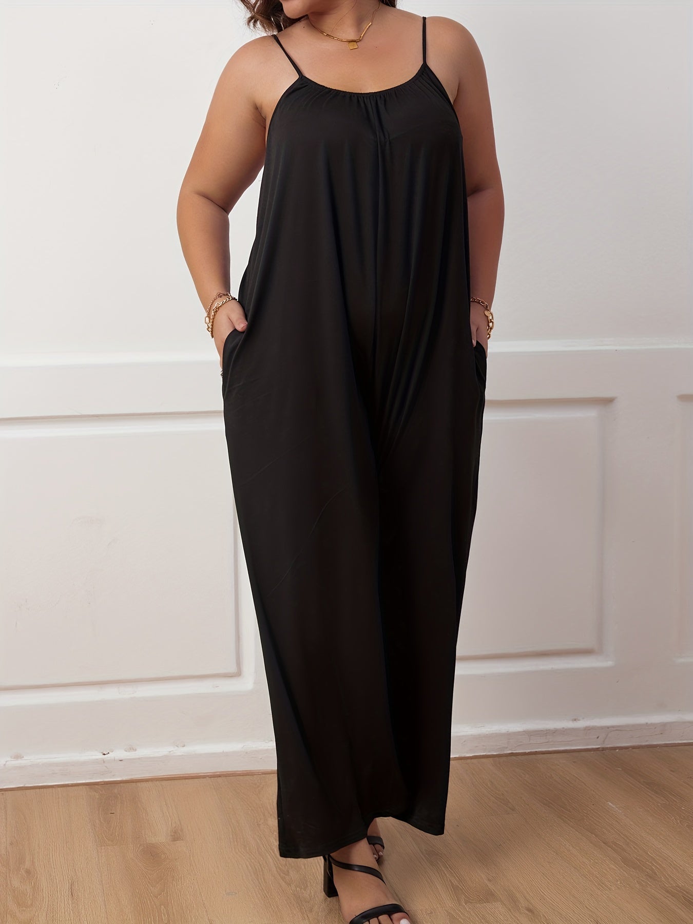 Solid Ruched Wide Leg Cami Jumpsuit With Pockets
