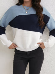 Block Pullover Sweater Long Sleeve Crew Neck Sweater
