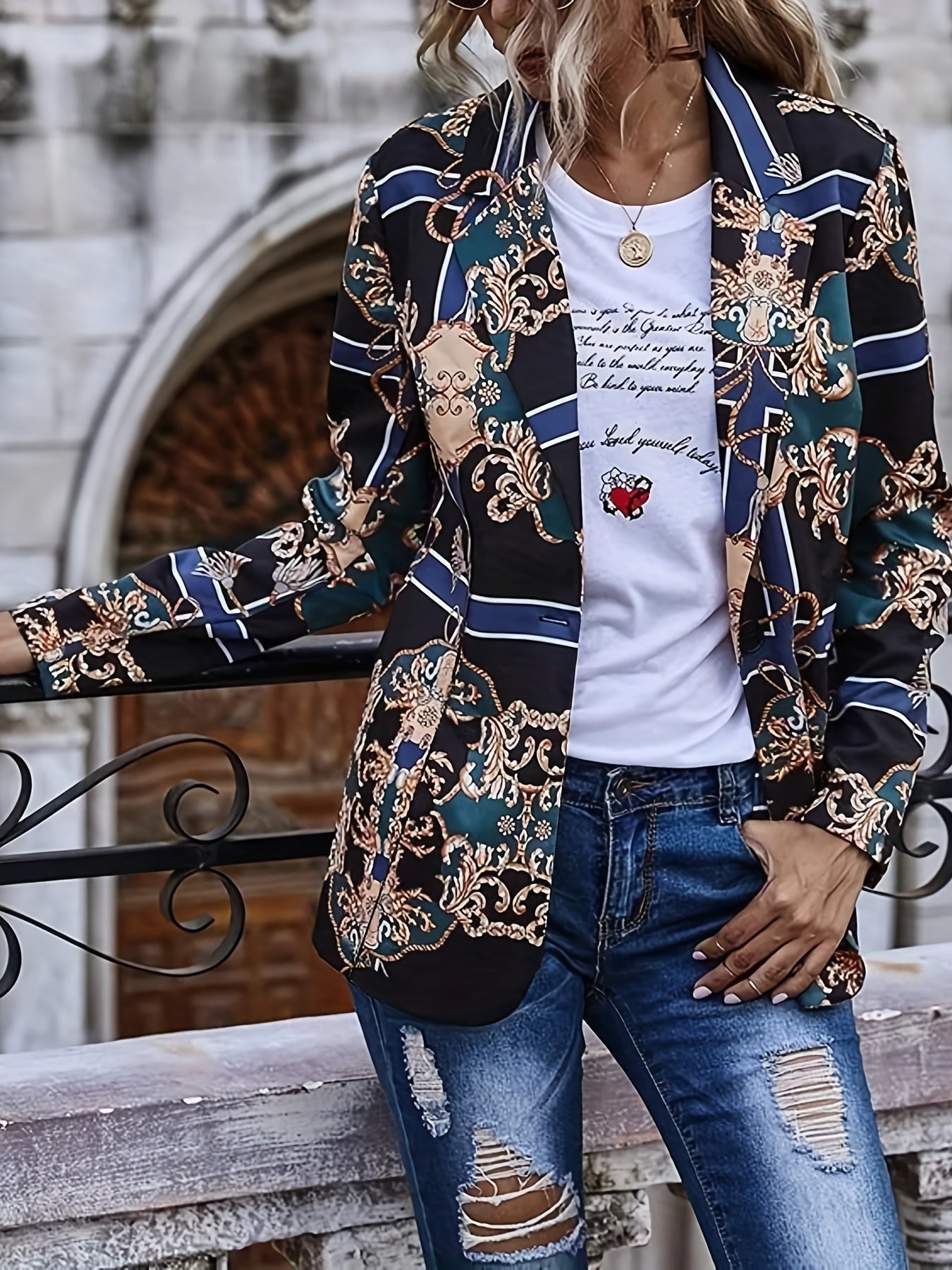 Boho Baroque Print Plus Size Blazer