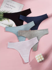 5pcs Solid Ribbed Thongs Comfy Stretchy Intimates Panties Women's Lingerie