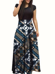 Floral Print Maxi Dress Short Sleeve Crew Neck