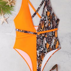 Colorblock Snake Print Criss Cross Deep V Neck Belted Swimsuit