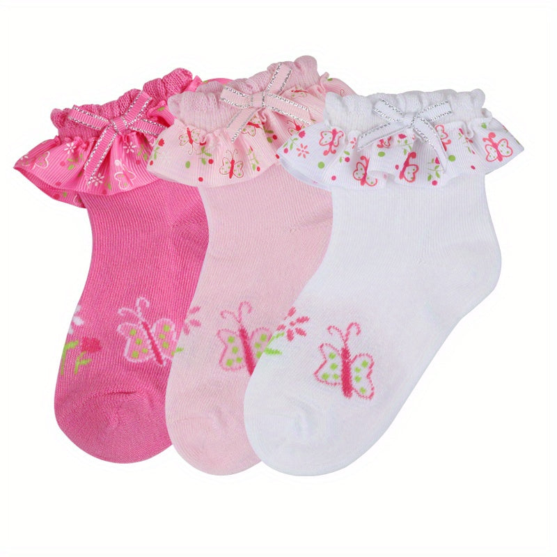 Girls Floral Ruffle Trim Short Crew Socks - Comfortable Princess Socks