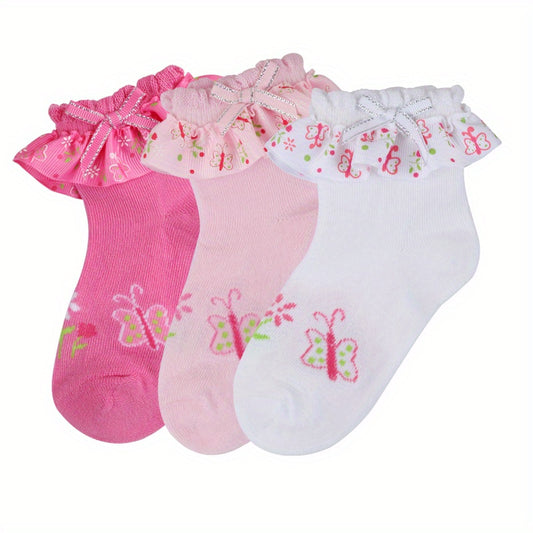 Girls Floral Ruffle Trim Short Crew Socks - Comfortable Princess Socks