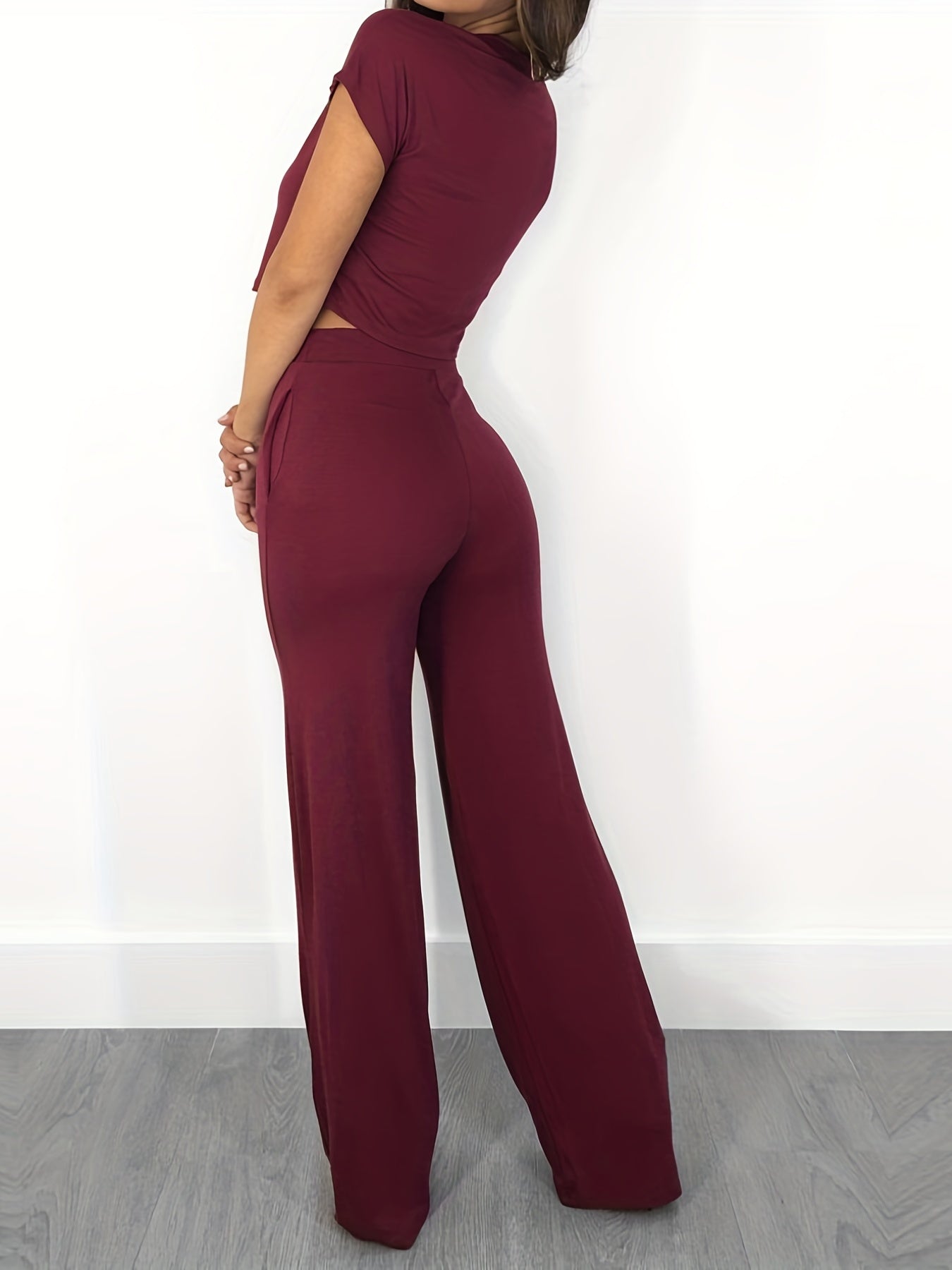 Solid 2pc Set Crew Neck Crop Tee & High Waist Wide Leg Pants