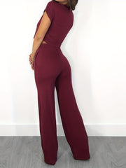 Solid 2pc Set Crew Neck Crop Tee & High Waist Wide Leg Pants