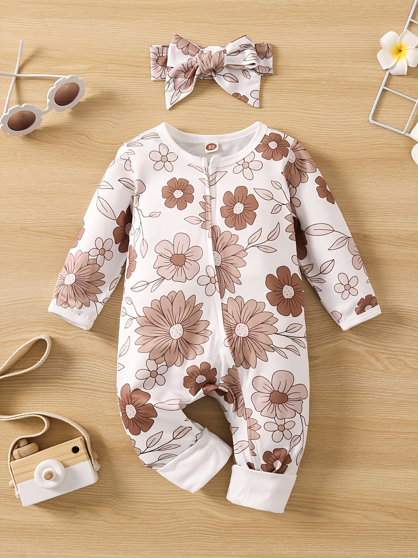 Baby Girls Floral Printed Long Sleeve Romper with Headband