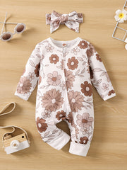 Baby Girls Floral Printed Long Sleeve Romper with Headband