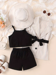 Girls Cami Top & Elastic Waist Shorts & Lapel Vest & Hat Set With Belt