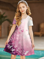 Dreamy Butterfly Graphic Cold Shoulder Short Sleeve Dress Girls Summer Clothes