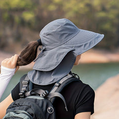 Women Ponytail Bucket Hat Neck Flap Adjustable Lanyard Solid Sun Hat