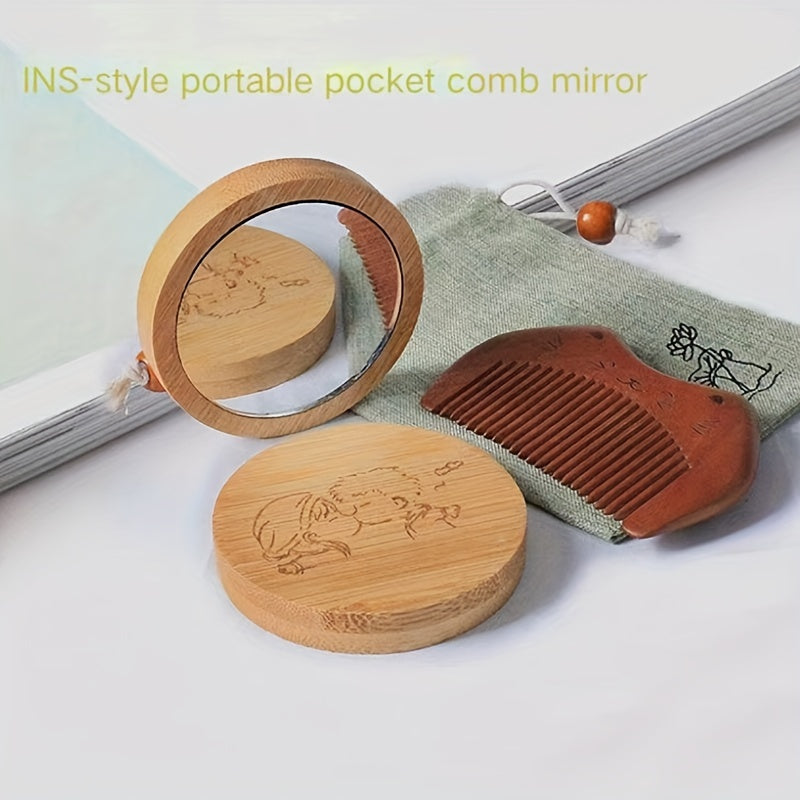 Vintage Wood Mirror Comb Set With Bag Mini Wooden Round Vanity Makeup Mirror