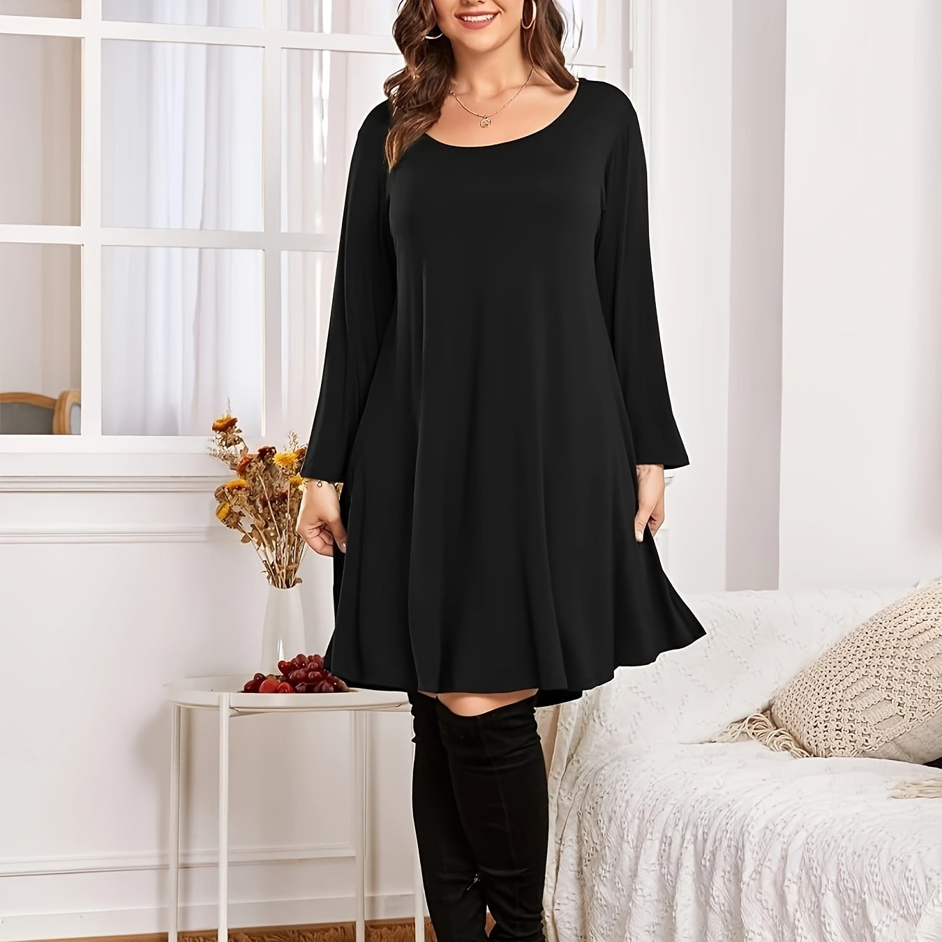 Casual Dress Women's Solid Long Sleeve Loose Fit Mini Dress