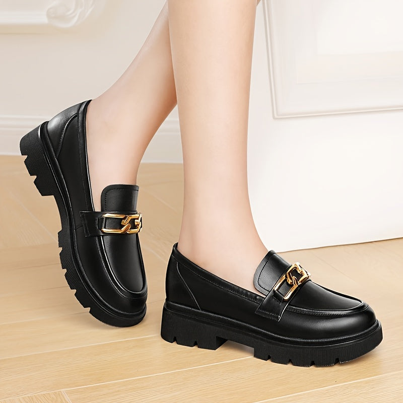 Women's Chain Decor Loafers Platform Chunky Heeled Shoes