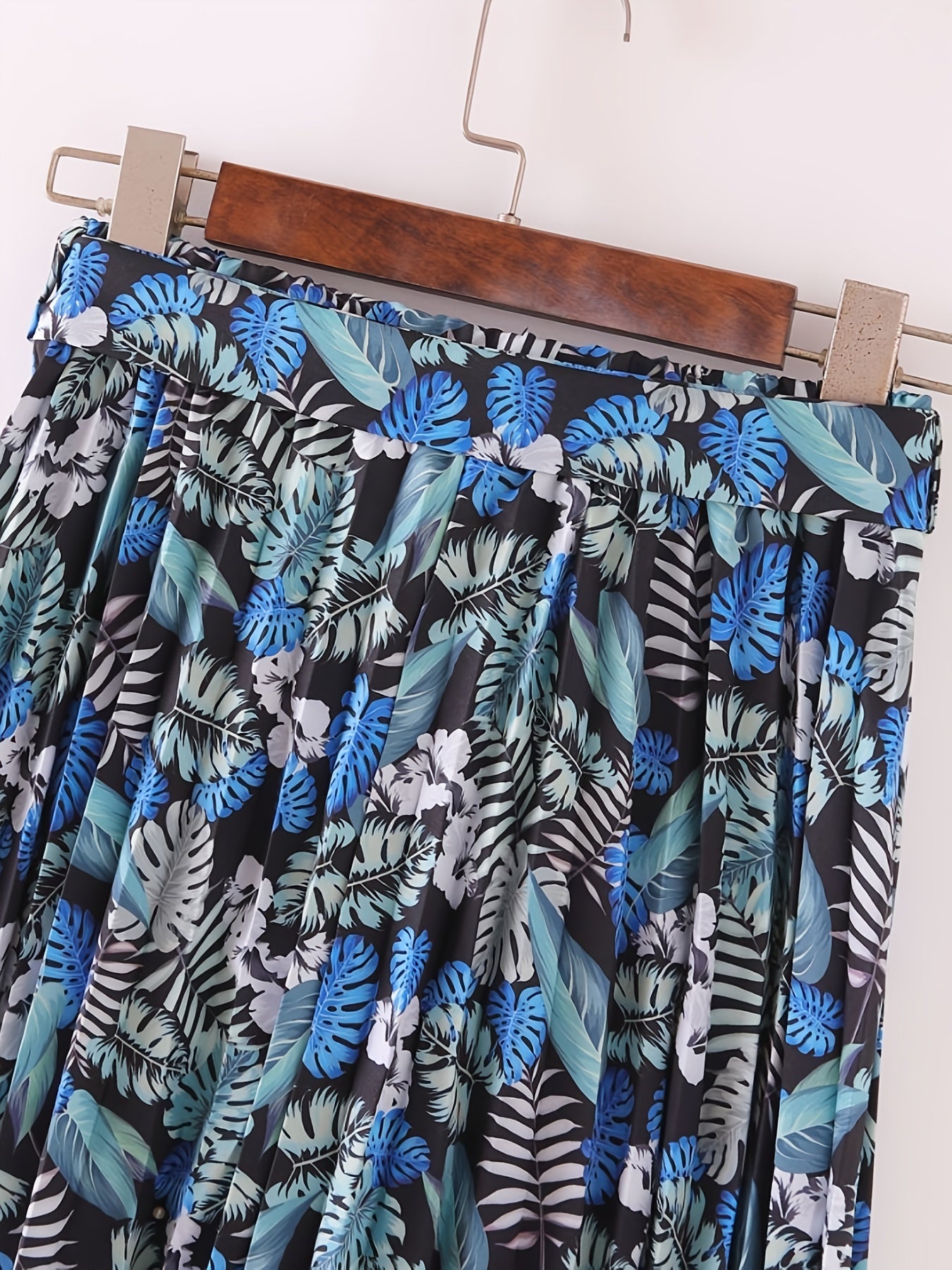 Boho Leaves Print Pleated Skirt with Tie Waist