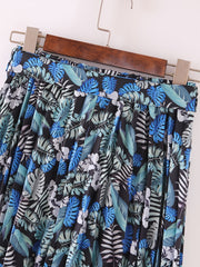Boho Leaves Print Pleated Skirt with Tie Waist