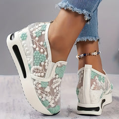 Women's Mesh Platform Sneakers Embroidered Slip On Shoes