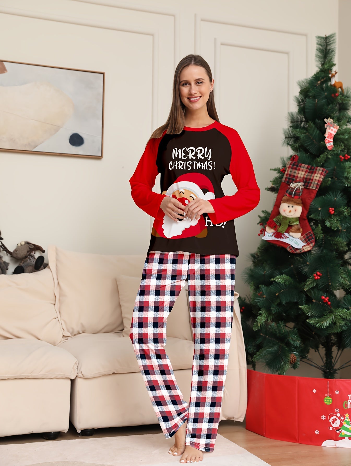 Christmas Print Pajama Set Long Sleeve Top & Plaid Pants Sleepwear