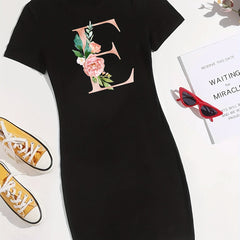 E Print Tee Dress Short Sleeve Crew Neck Casual Dress